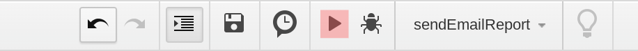 A screenshot of the toolbar menu in Apps Script. The run button (play icon) is highlighted and the sendEmailReport function has been selected from a drop down menu. When you click the run button, the sendEmailReport function in your script will be run. 