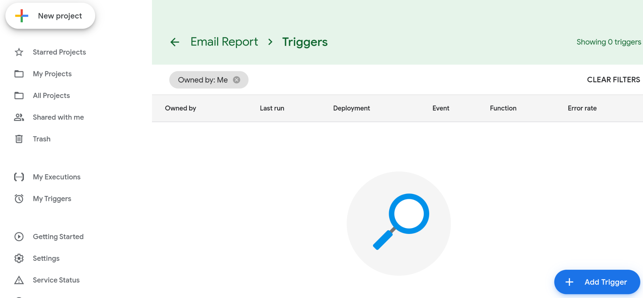 A screenshot of an empty Triggers page. The page has an 