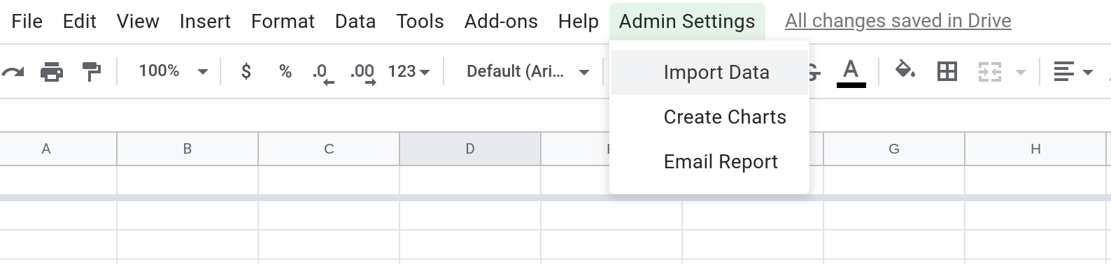 A screenshot of a Google Sheets spreadsheet with a custom menu called "Admin Settings".  The menu is open and has three menu items: Import data, Create charts and Email report.