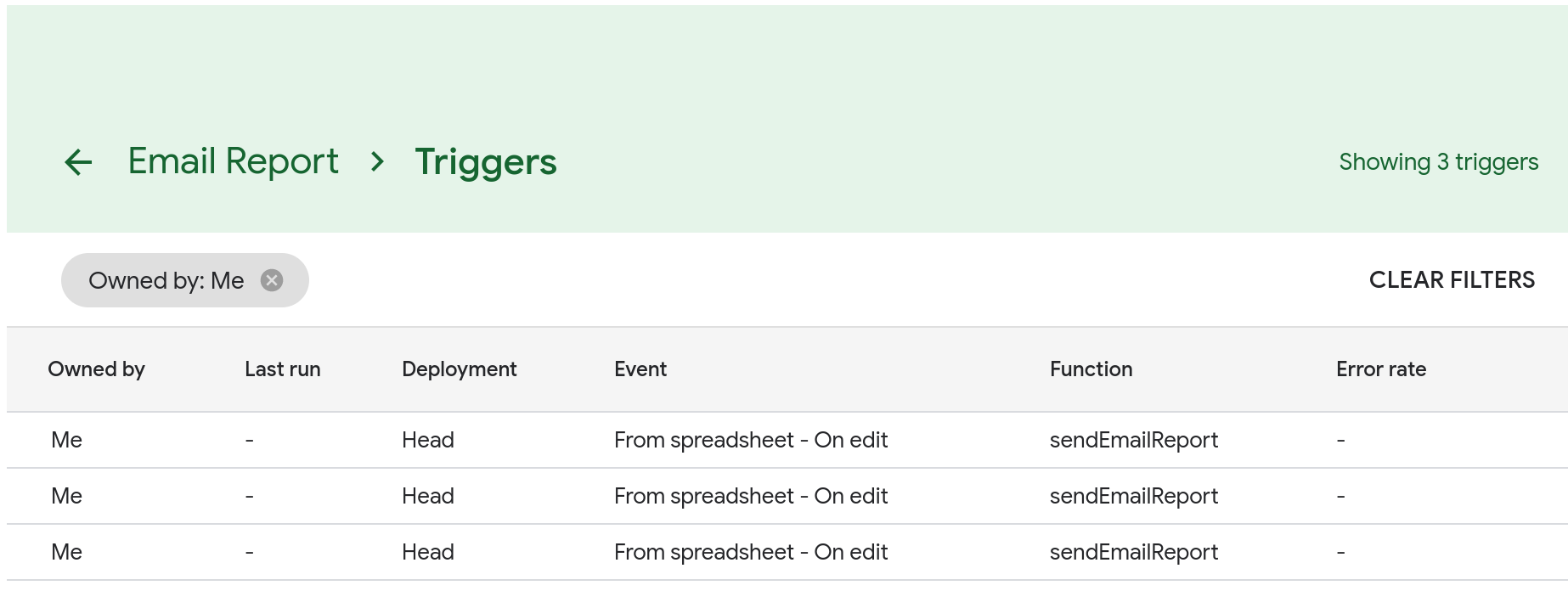 A screenshot of the Triggers page that lists three identical Edit triggers.