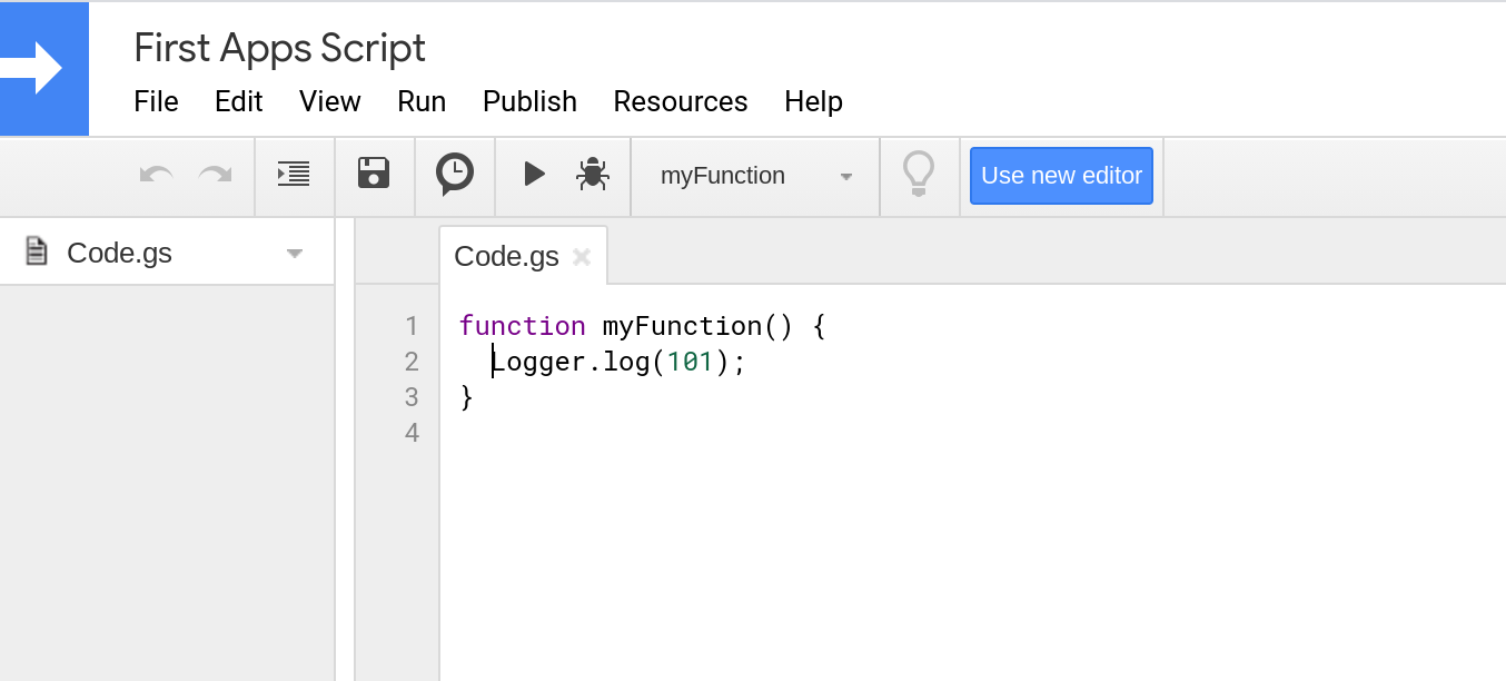 Screenshot of the legacy Apps Script code editor.