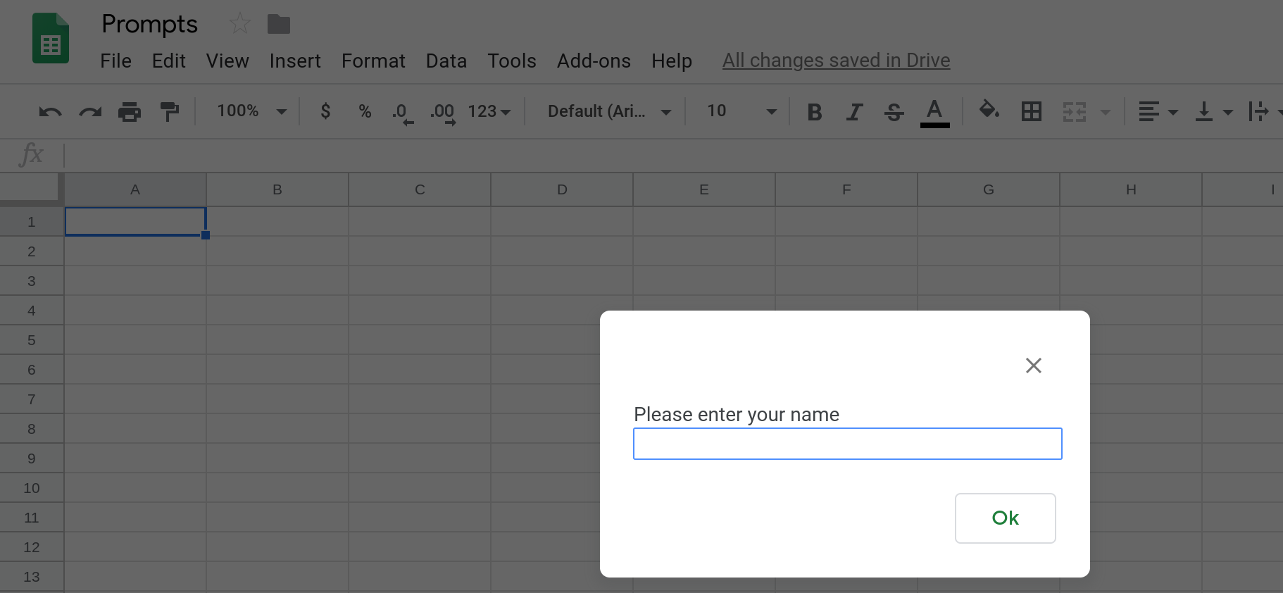 Screenshot of a Google Sheets spreadsheet displaying a prompt that is asking the user to enter their name.