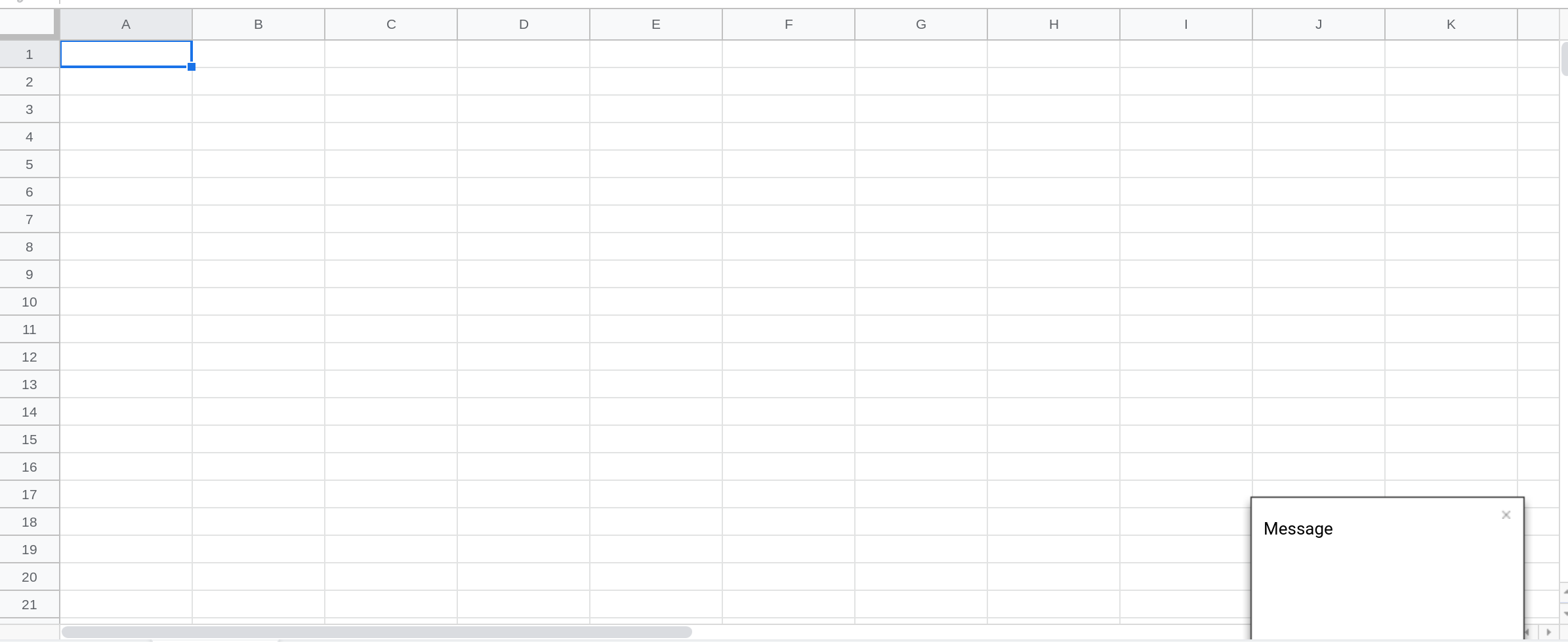 A screenshot of Google Sheets showing a toast notification in the lower right corner.