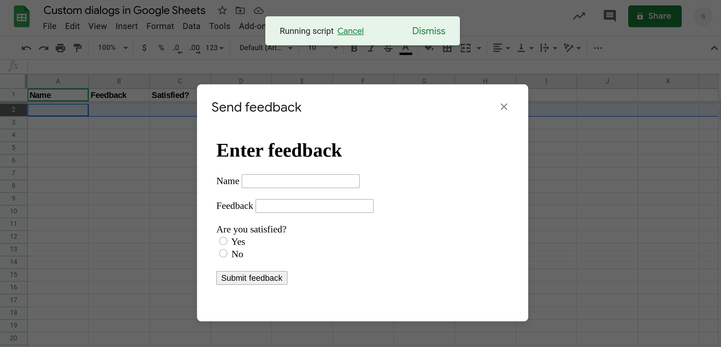 A screenshot of a custom data entry form in a custom dialog in Google Sheets.
