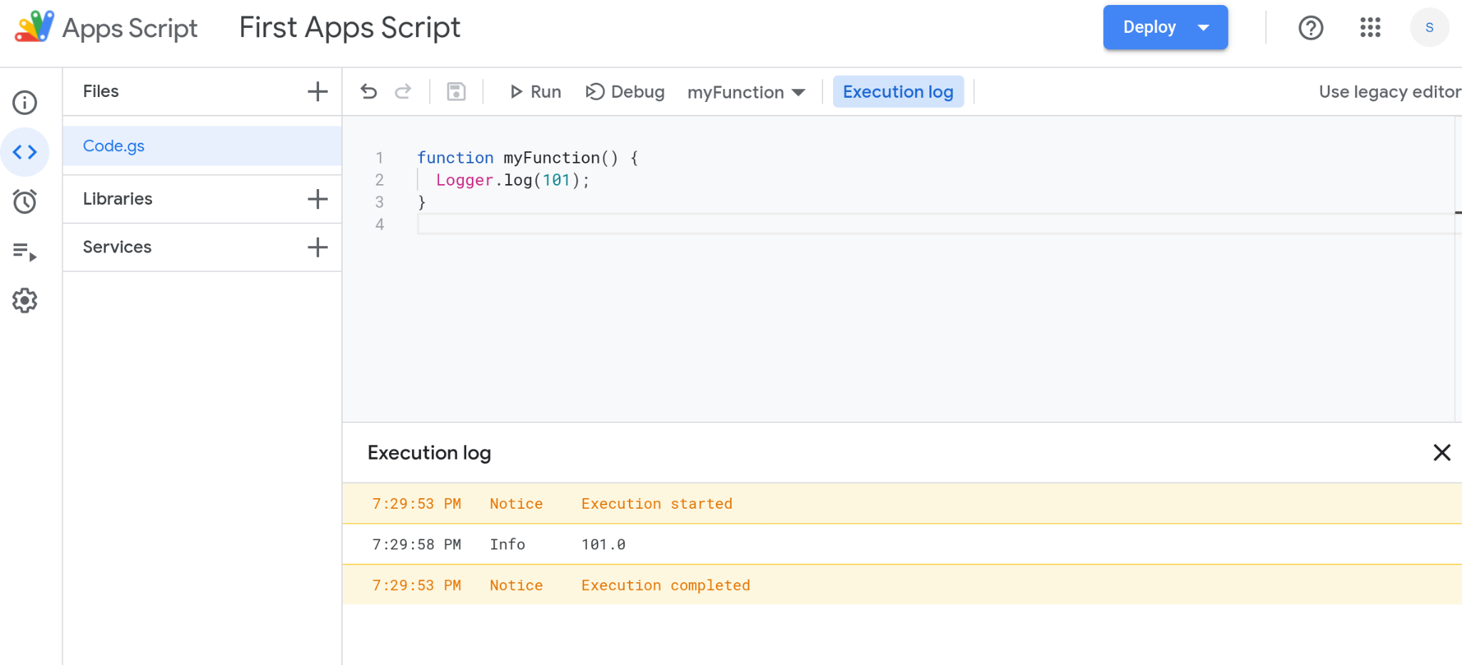 A screenshot of the Google Apps Script editor with 101.0 written to the execution log.
