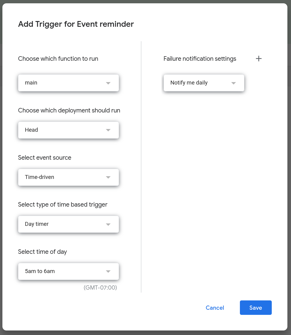 Screenshot of a modal dialog displaying options to configure the trigger.