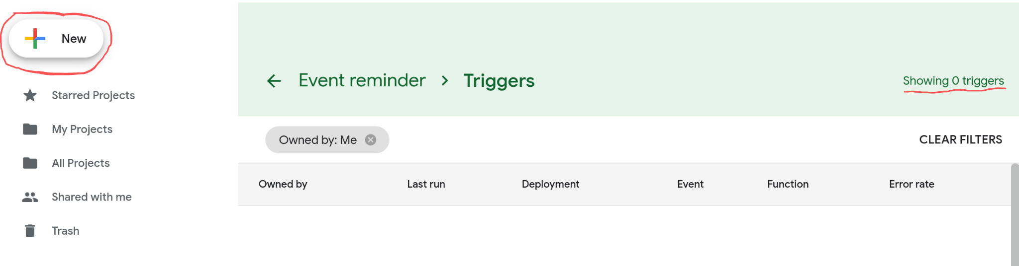 Screenshot of the triggers page.