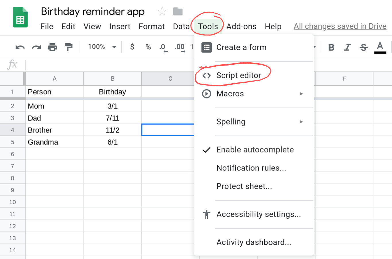 Screenshot of a Google Sheets spreadsheet with the Tools menu open.