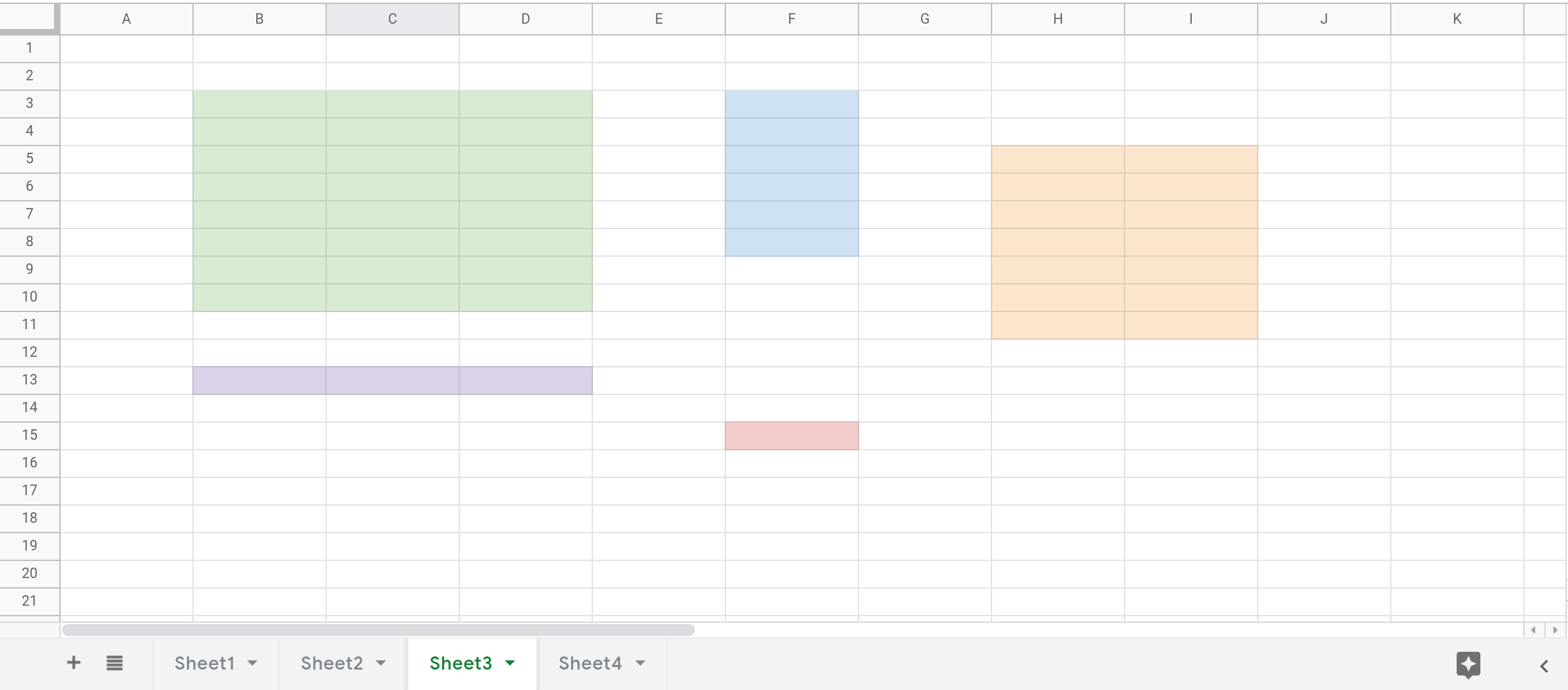 Screenshot of a Google Sheets spreadsheet that shows 5 ranges highlighted in Sheet3.