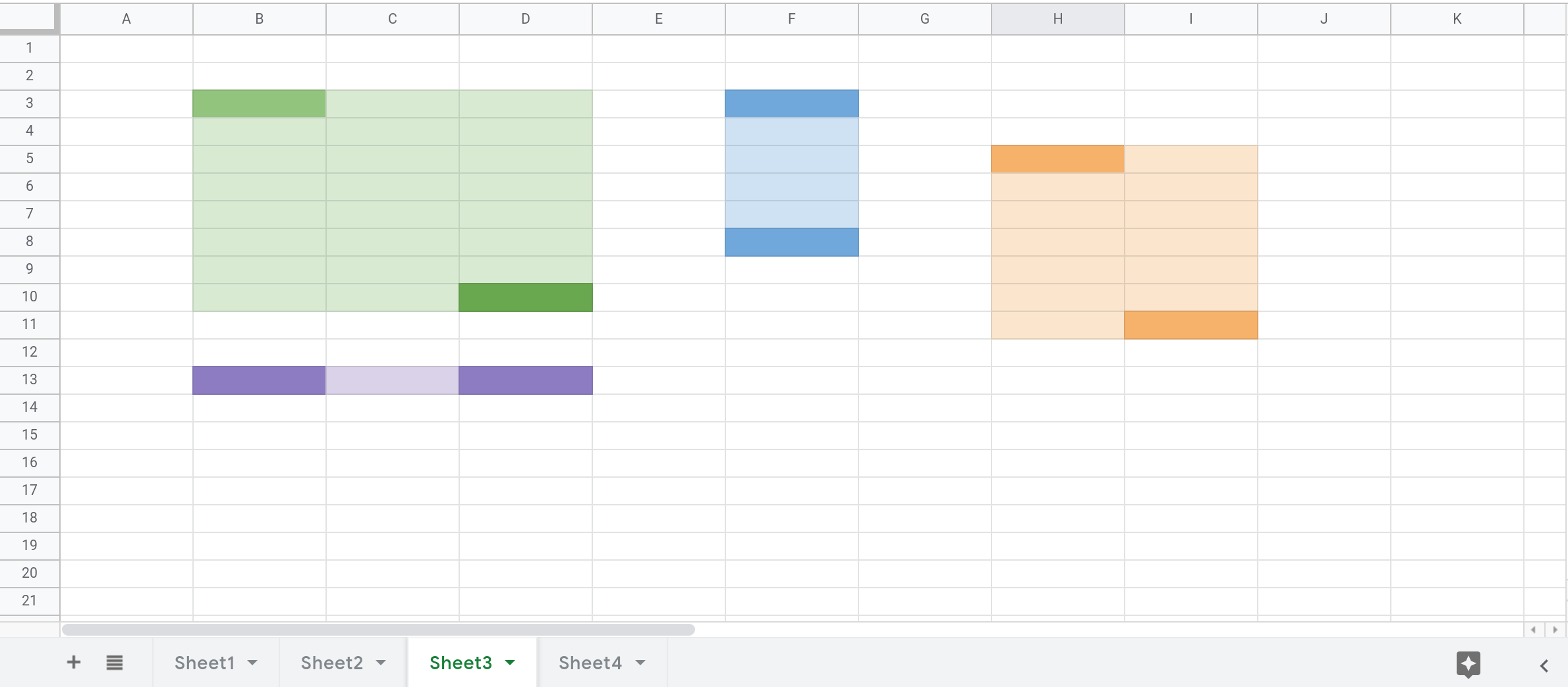 Screenshot of a Google Sheets spreadsheet that shows 4 ranges highlighted in Sheet3. The cells at the top left and bottom right corner of each range are filled with a darker color.