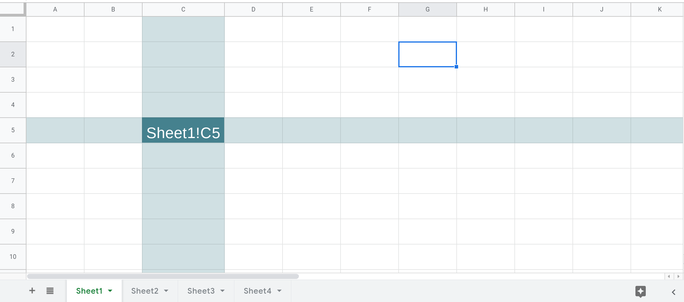 Screenshot of a Google Sheets spreadsheet that shows column C and row 5 in Sheet1 filled with a background color. Their intersection, cell Sheet1!C5 is filled with a darker background color.