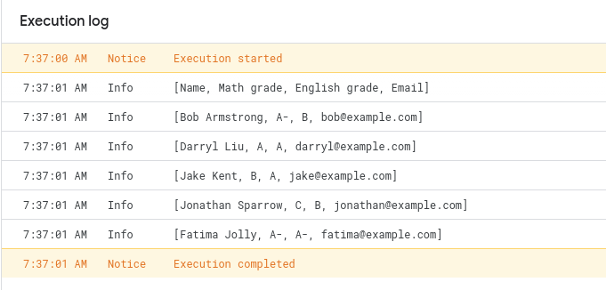 Screenshot of the execution log written by the script.