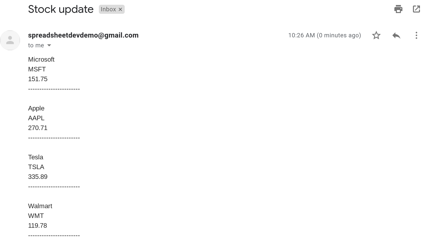 Plain text email with the prices of the following stocks: Microsoft, Apple, Tesla and Walmart.