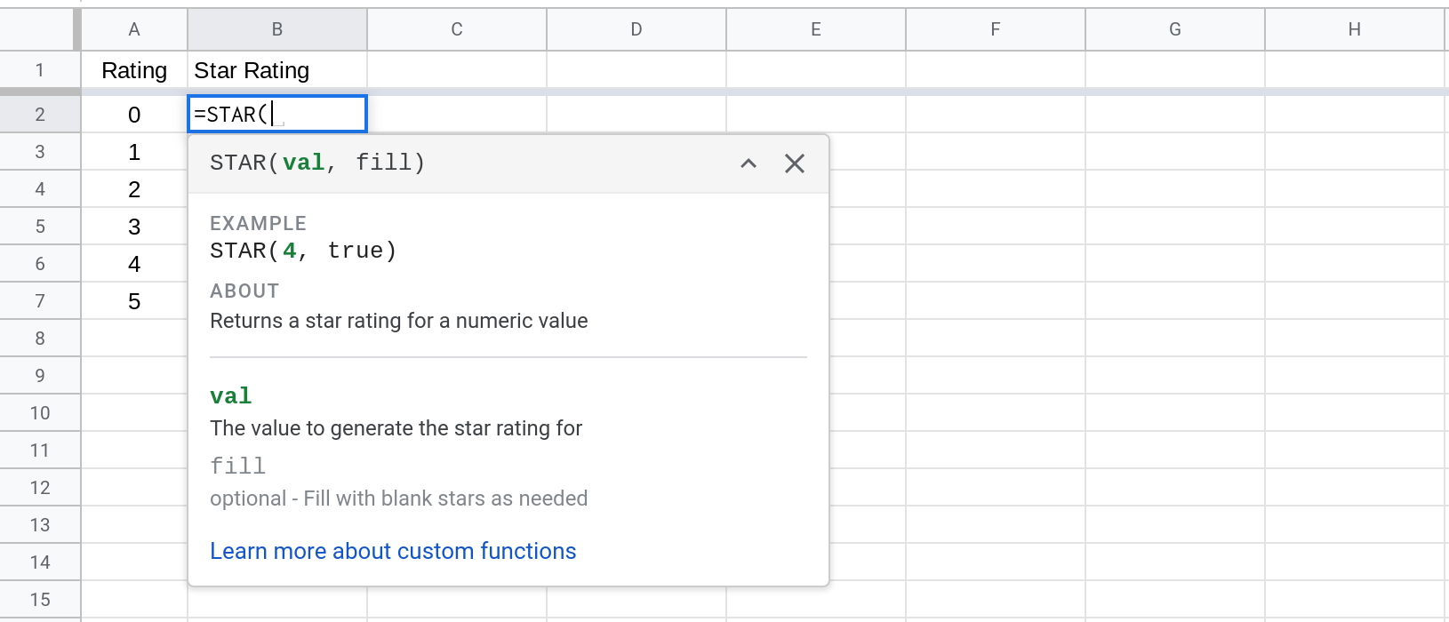 Screenshot of a Google Sheet showing how to use the STAR() function.