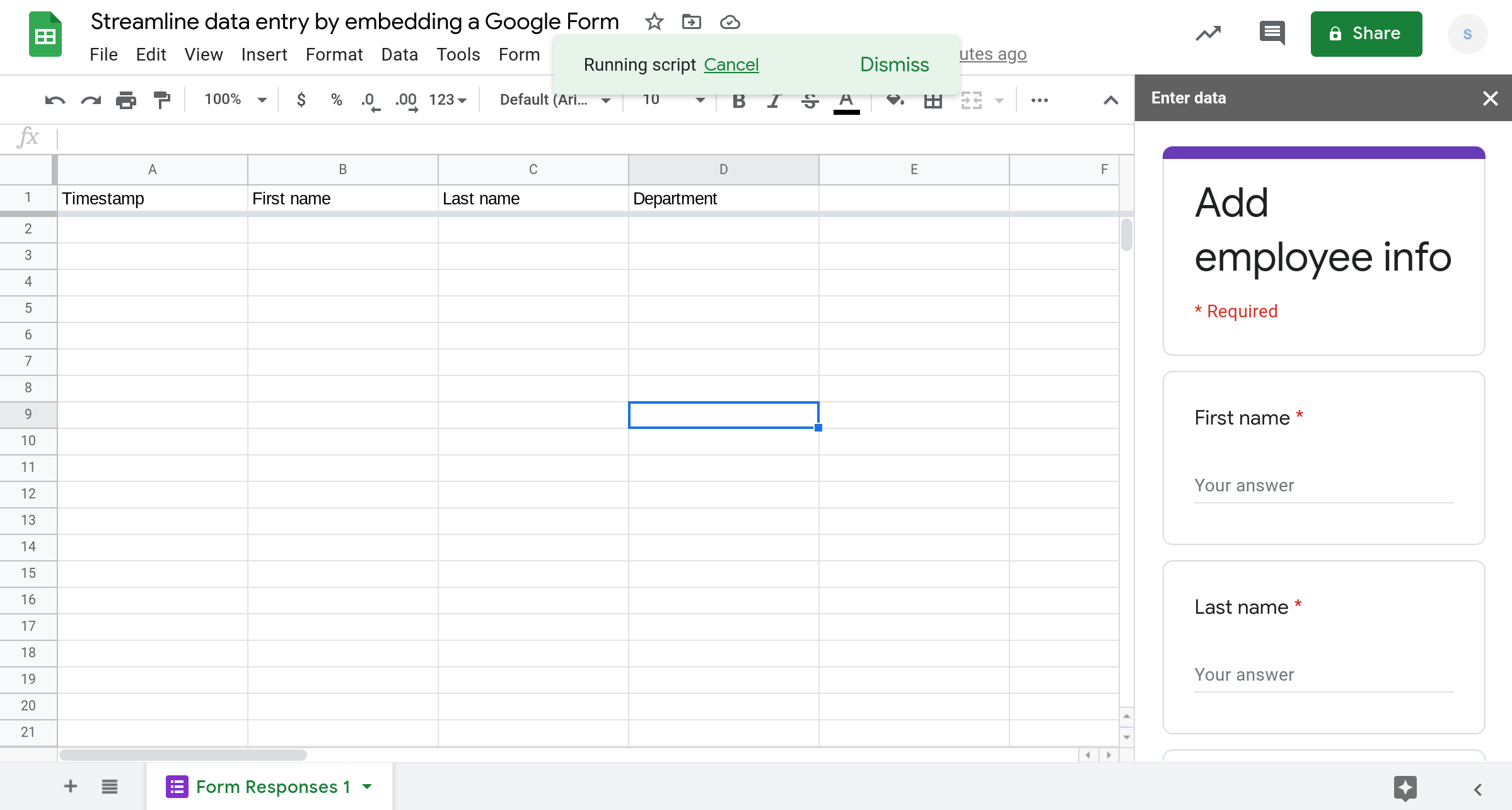 Screenshot of a Google Sheets spreadsheet with a sidebar widget displaying a embedded Google Form.