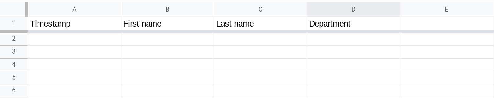 A screenshot of a Google Sheets spreadsheet with four columns: Timestamp, First name, Last name, Department.