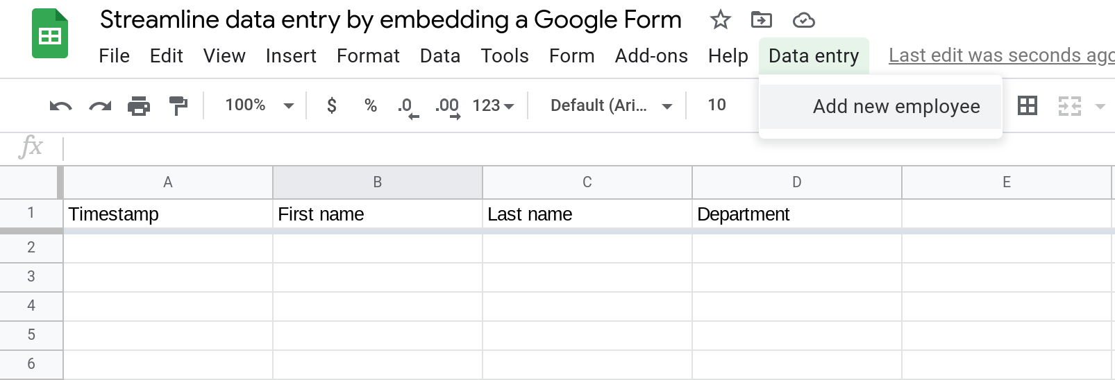 Screenshot of a Google Sheets spreadsheet with a custom menu called Data entry. The menu is open.