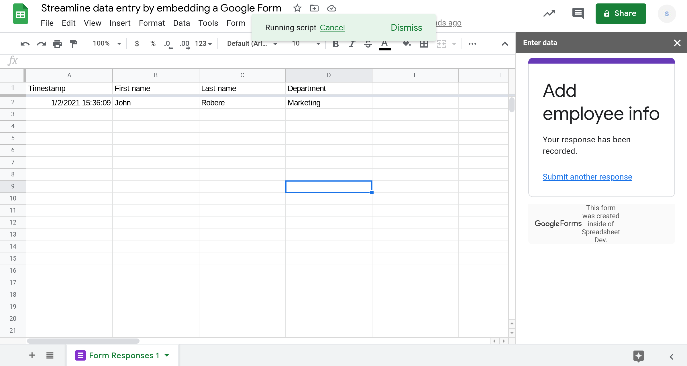 A screenshot of a Google Sheets spreadsheet with a embedded Google Form in a sidebar. The form was just submitted successfully.