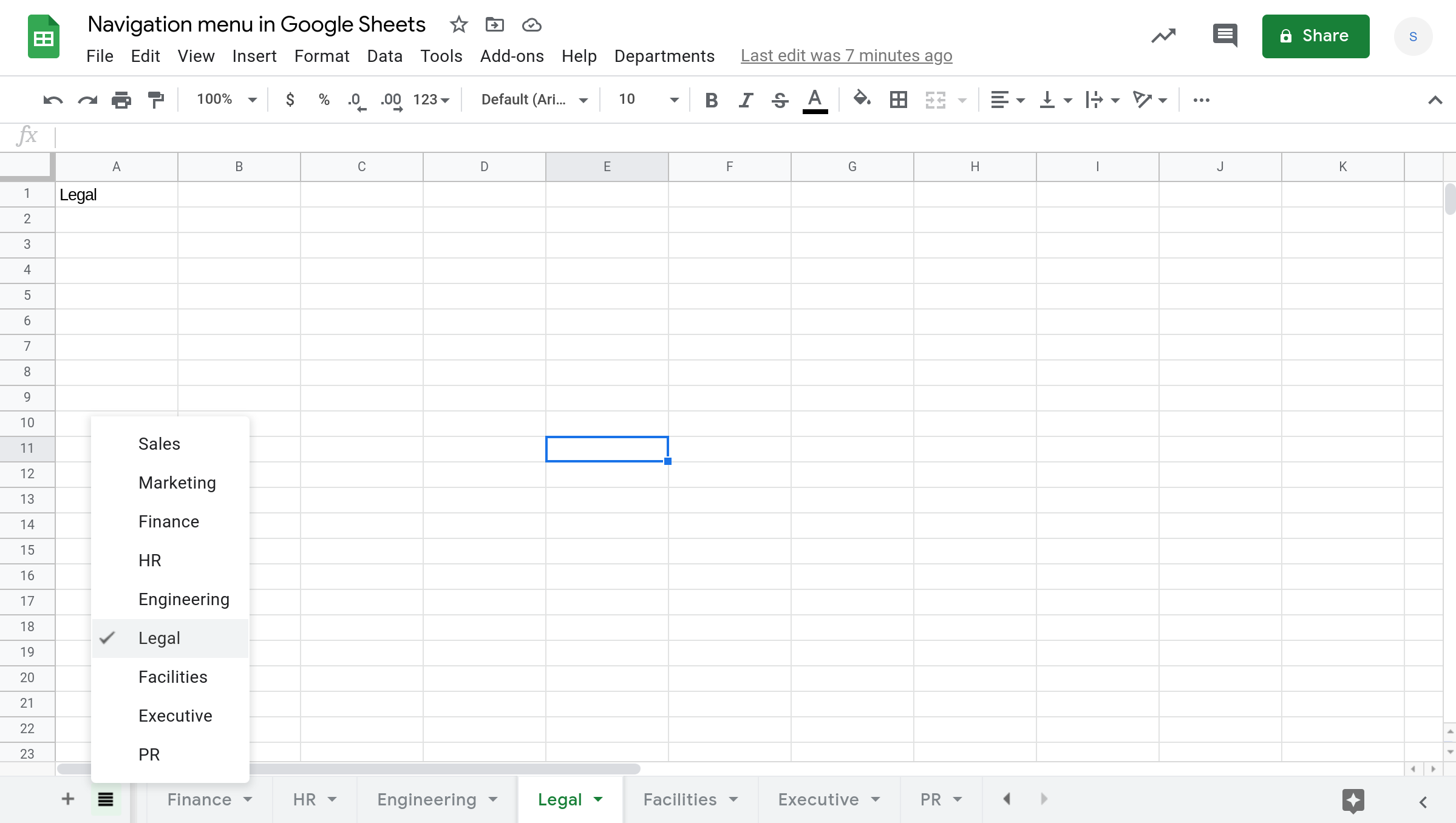 Screenshot of a Google Sheets spreadsheet with the "All sheets" menu open.