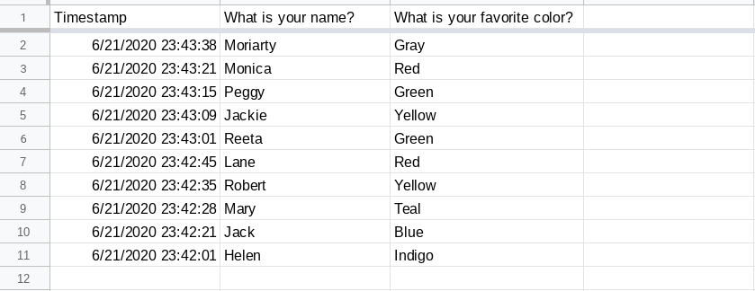 Screenshot of the form&apos;s response spreadsheet. The responses are sorted by timestamp in descending order.