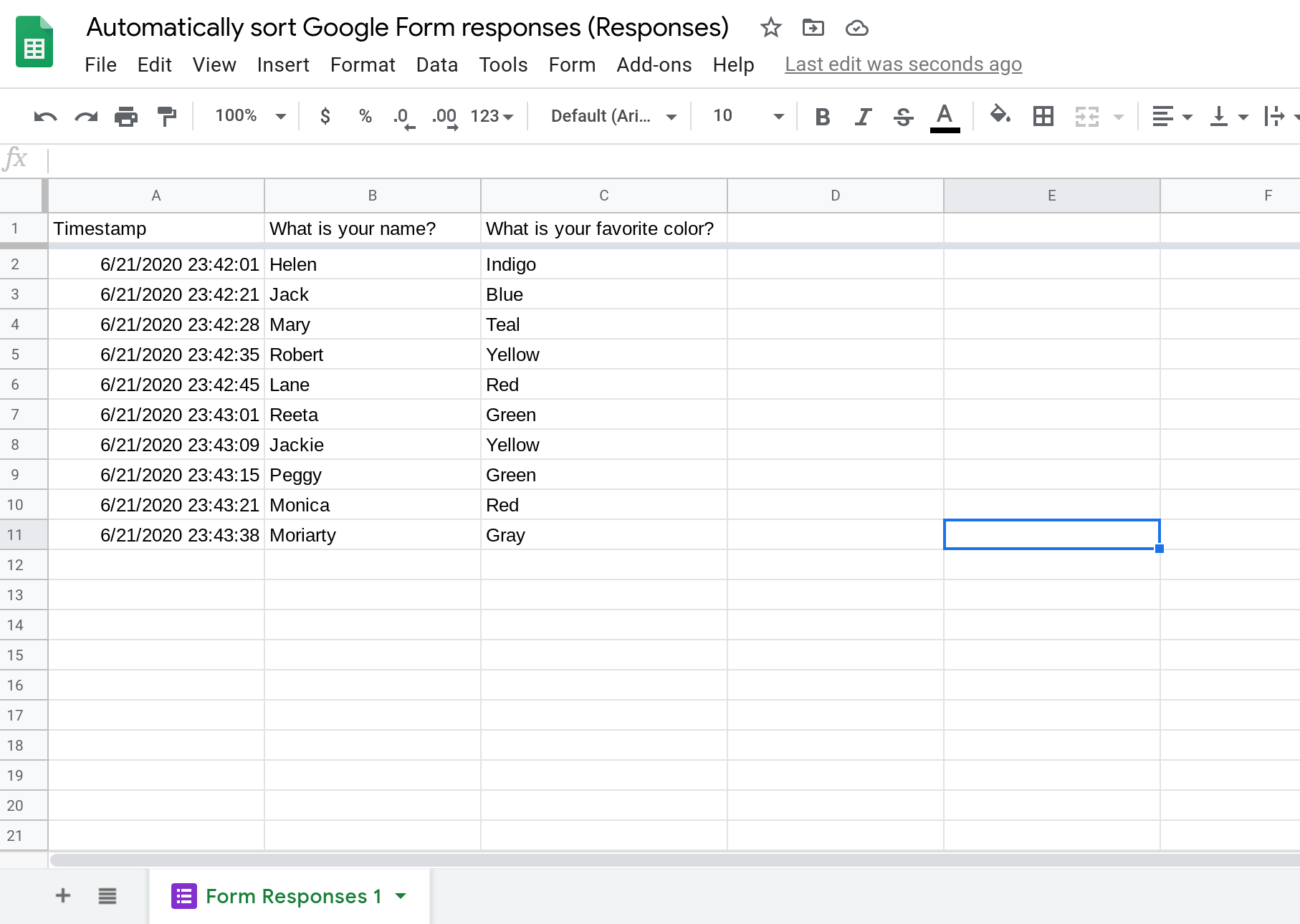 Screenshot of a spreadsheet showing the form&apos;s responses.