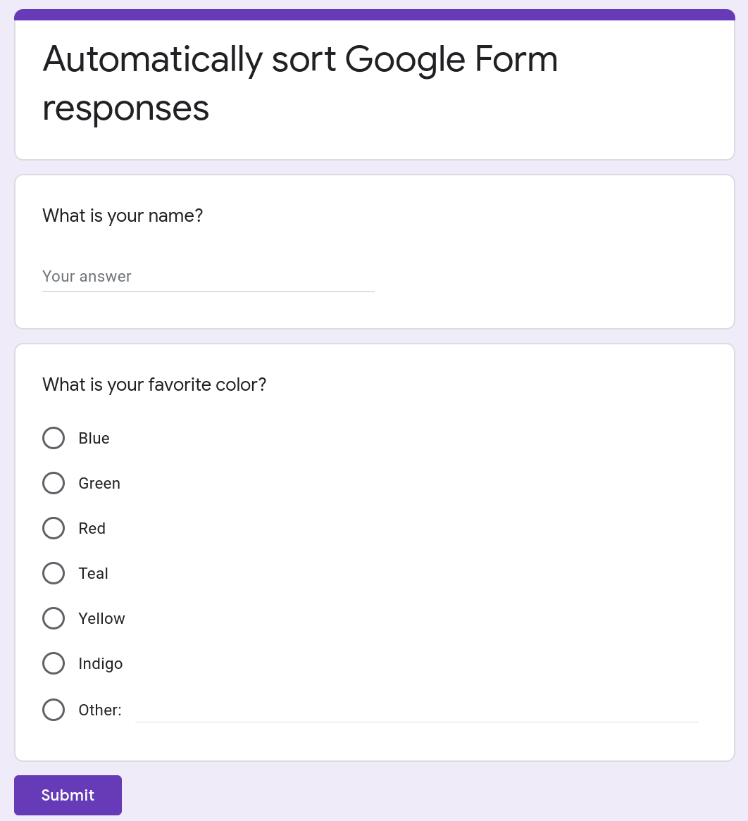 Screenshot of a Google Form containing two questions.