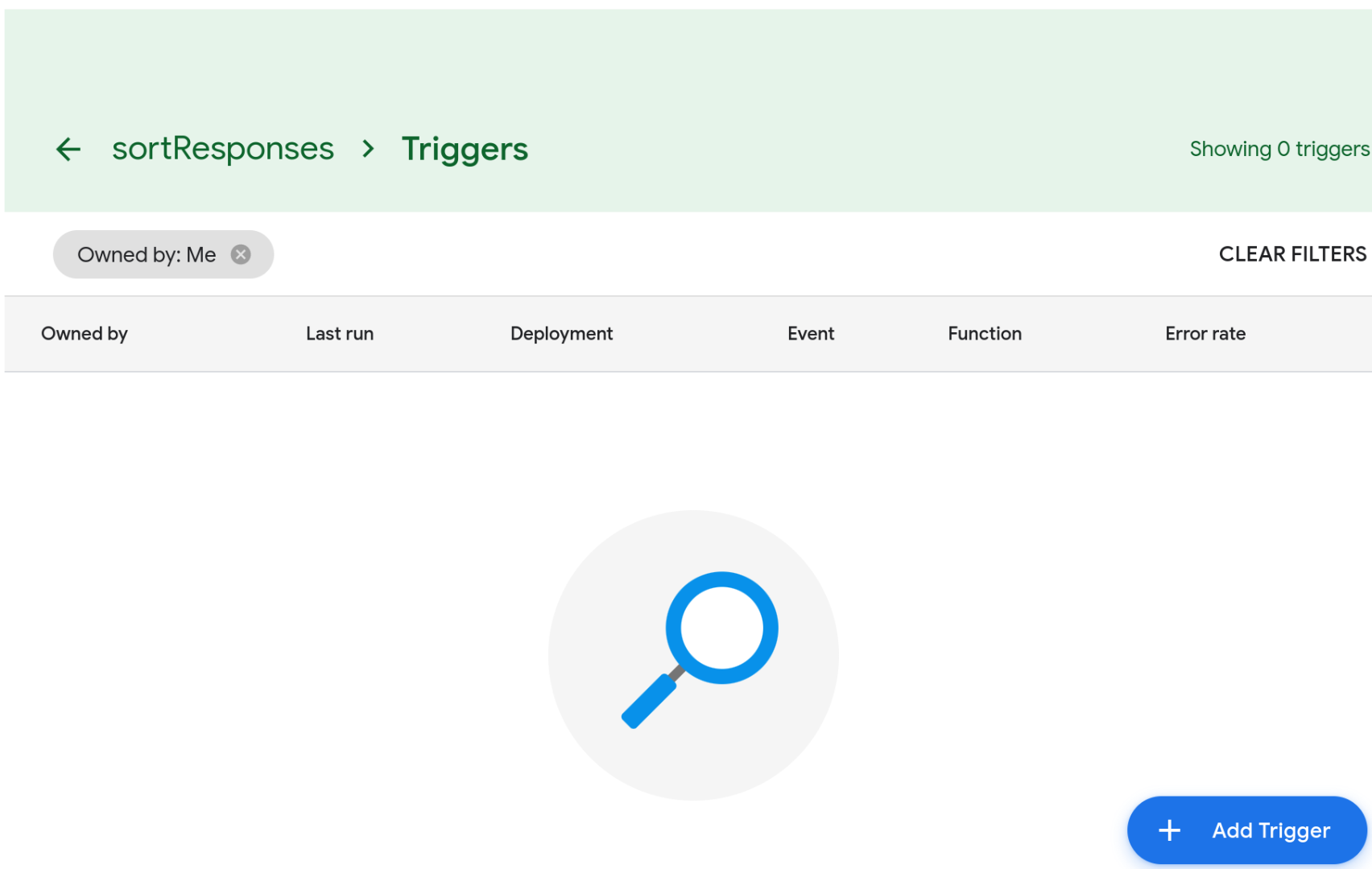 Screenshot of the script&apos;s triggers page. The page is empty since no triggers have been created for this script.