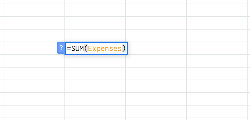 A screenshot of a Google Sheets spreadsheet that shows the user entering the formula =SUM(Expenses) in a cell. Here, "Expenses" is the name given to the range Sheet1!A1:A6.