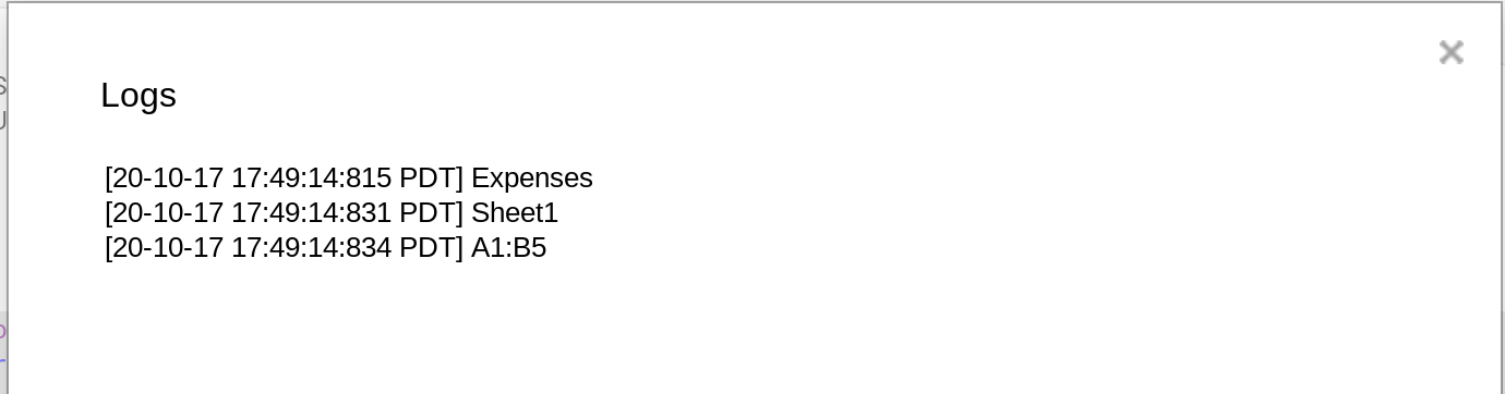 A screenshot of the logs popup window displaying the logs written by the logNamedRanges() function.