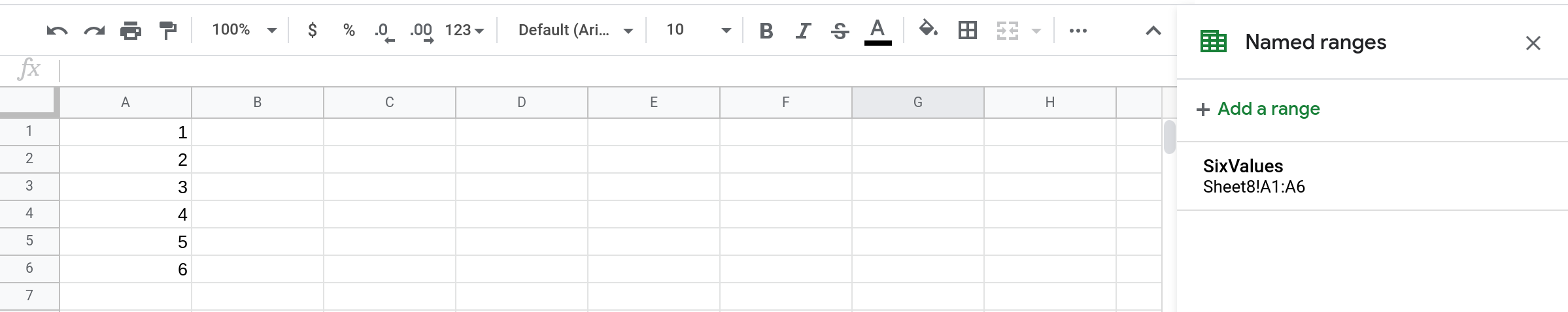 A screenshot of a Google Sheets spreadsheet containing a named range called SixValues.