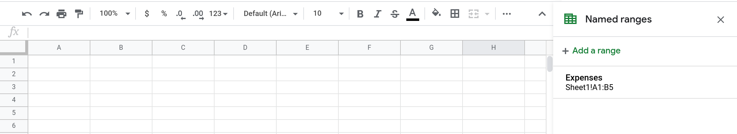 A screenshot of a Google Sheets spreadsheet displaying  a newly created named range called 
