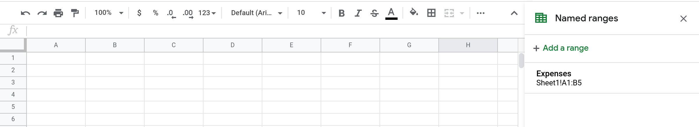A screenshot of a Google Sheets spreadsheet displaying  a newly created named range called "Expenses".