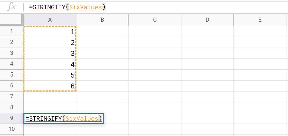 A screenshot of a Google Sheets spreadsheet showing the user entering the formula =STRINGIFY(SixValues) in a cell.