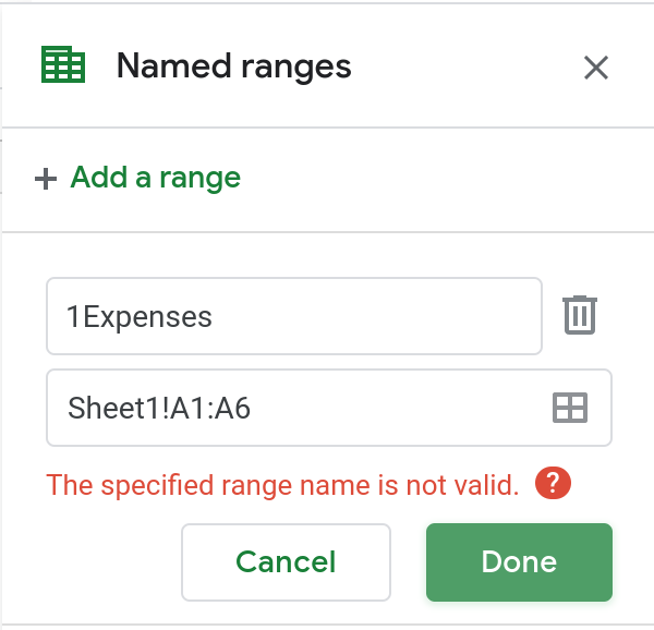 Screenshot of a warning message indicating that the specified range name is not valid.