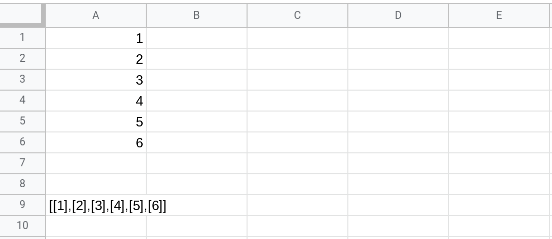 A screenshot of a Google Sheets spreadsheet showing the output of the formula =STRINGIFY(SixValues) displayed in the cell.