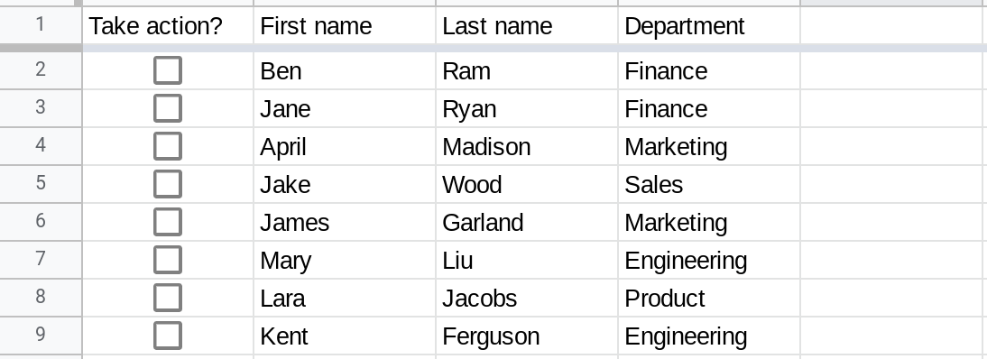 A screenshot of Google Sheets where column A contains checkboxes.