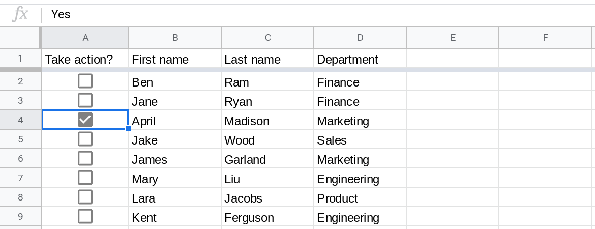 A screenshot of Google Sheets where column A contains checkboxes. The checkbox in cell A4 is checked.