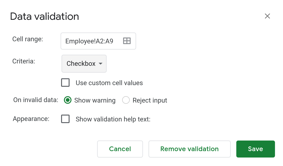 A screenshot of the data validation popup dialog in Google Sheets.