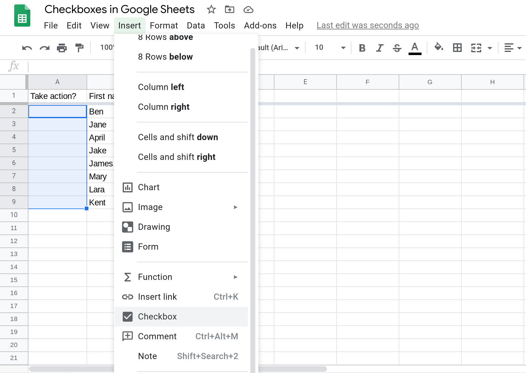 A screenshot of Google Sheets where the range A2:A9 is selected and the Insert menu is open.