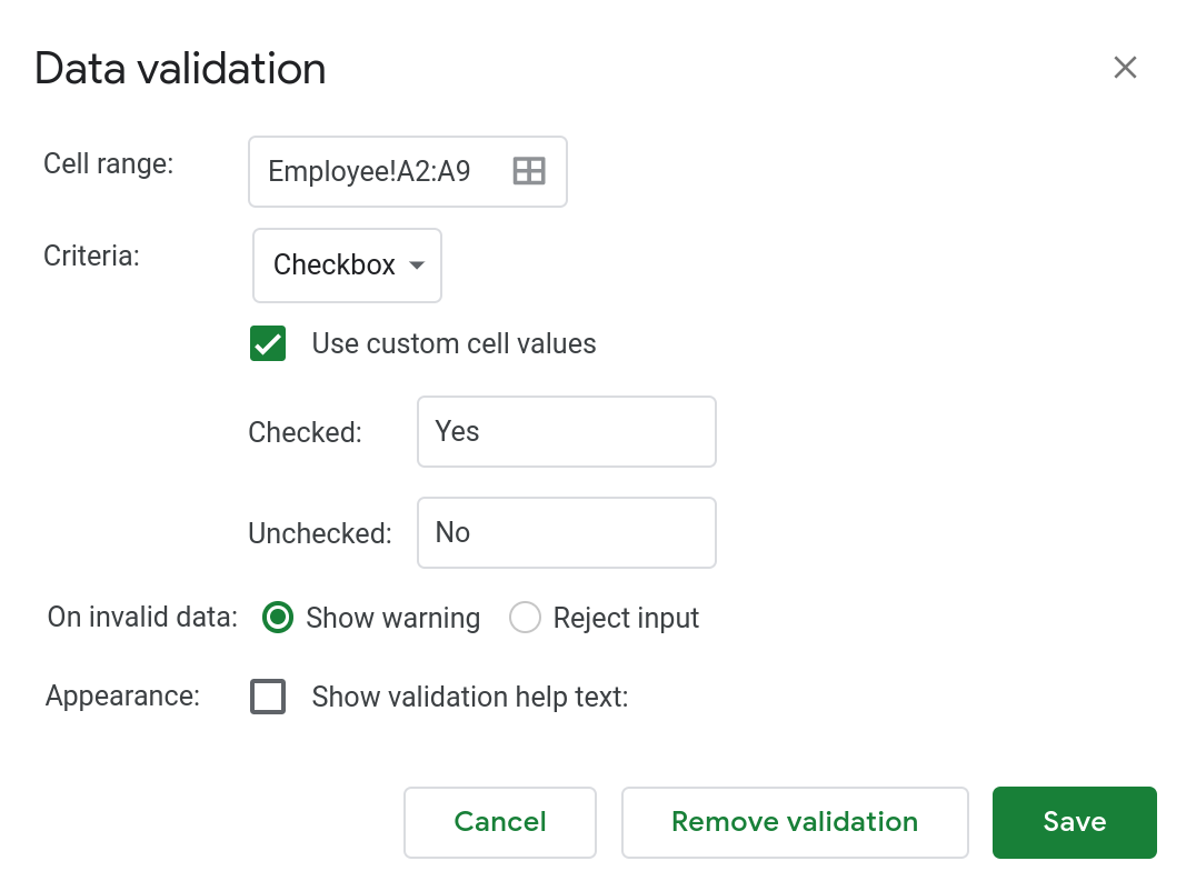 A screenshot of the data validation popup dialog in Google Sheets.