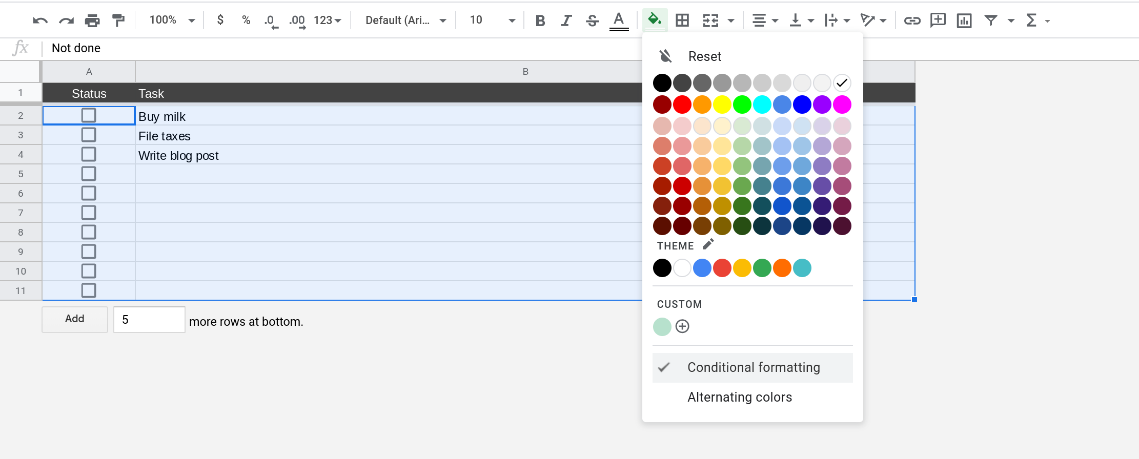 A screenshot of Google Sheets where the range A2:B is selected and the Fill color menu is open.