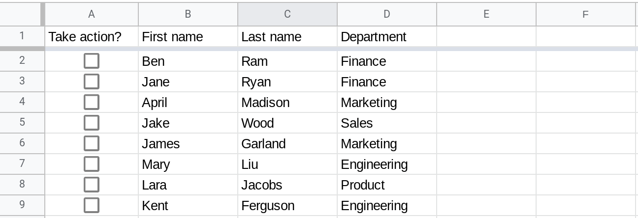 A screenshot of Google Sheets where column A contains checkboxes.