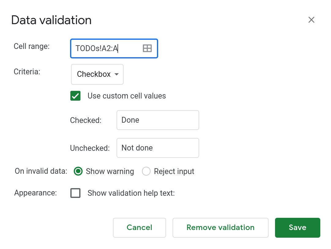 A screenshot of the data validation popup dialog in Google Sheets.