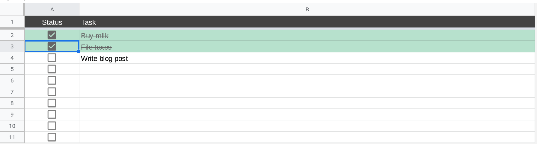 A screenshot of a simple To Do application in Google Sheets where two tasks are marked as done. 