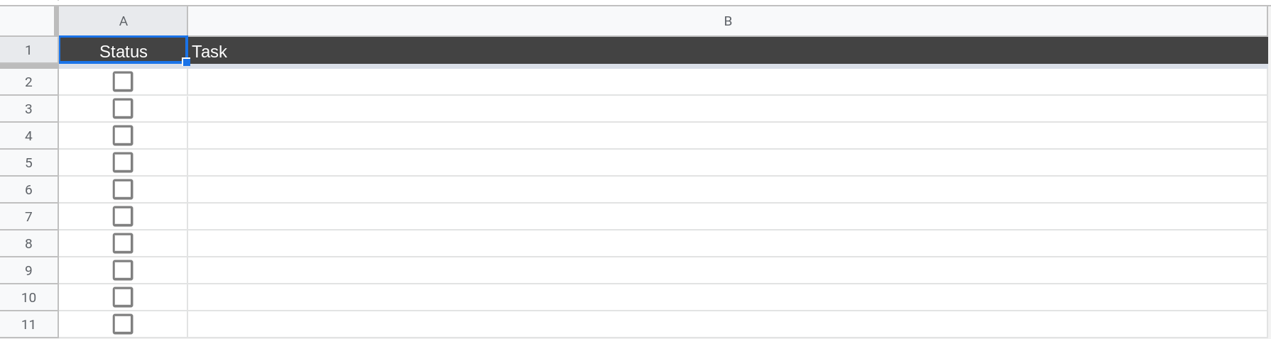 A screenshot of Google Sheets where the spreadsheet has 2 columns: Status and Task. The status column contains checkboxes.