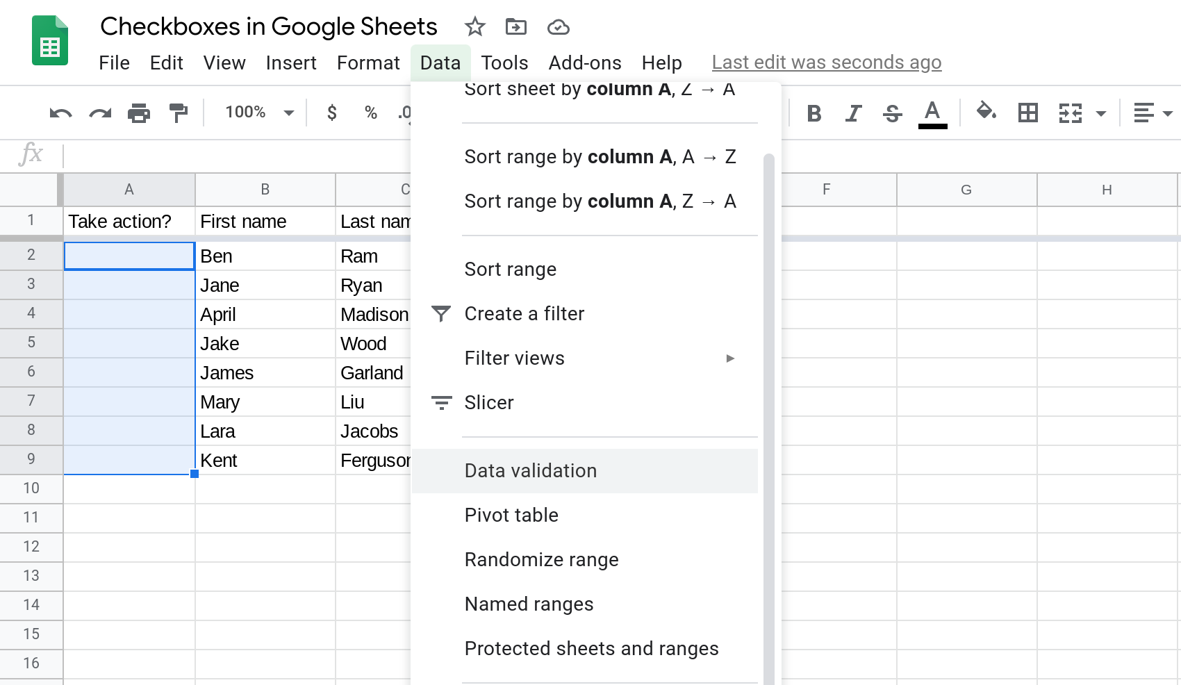 A screenshot of Google Sheets where a range is selected and the Data menu is open.