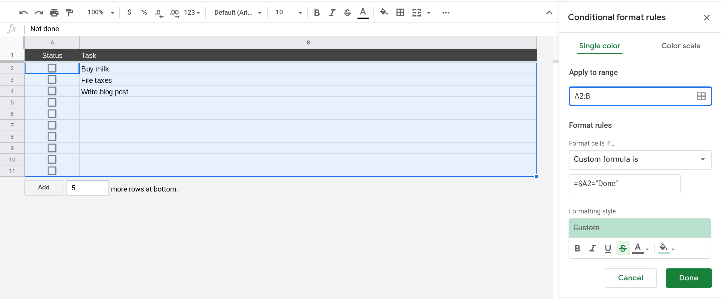 A screenshot of Google Sheets where the sidebar menu for configuring conditional formatting rules is open.