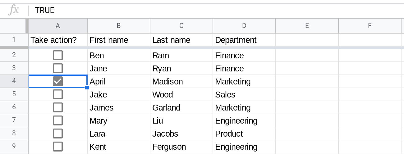 A screenshot of Google Sheets where column A contains checkboxes. The checkbox in cell A4 is checked.