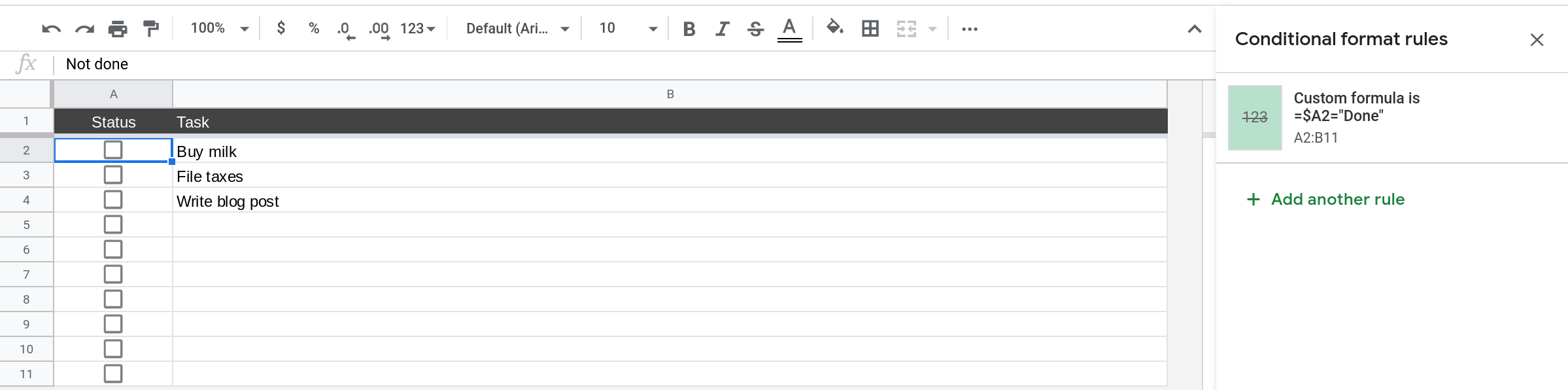 A screenshot of Google Sheets where the sidebar shows the conditional formatting rules that have been configured.