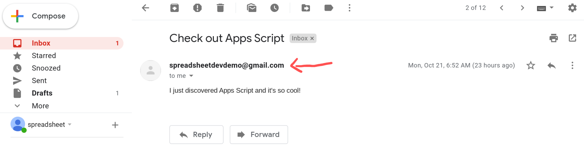 Screenshot of an email message where the sender's email address is displayed.